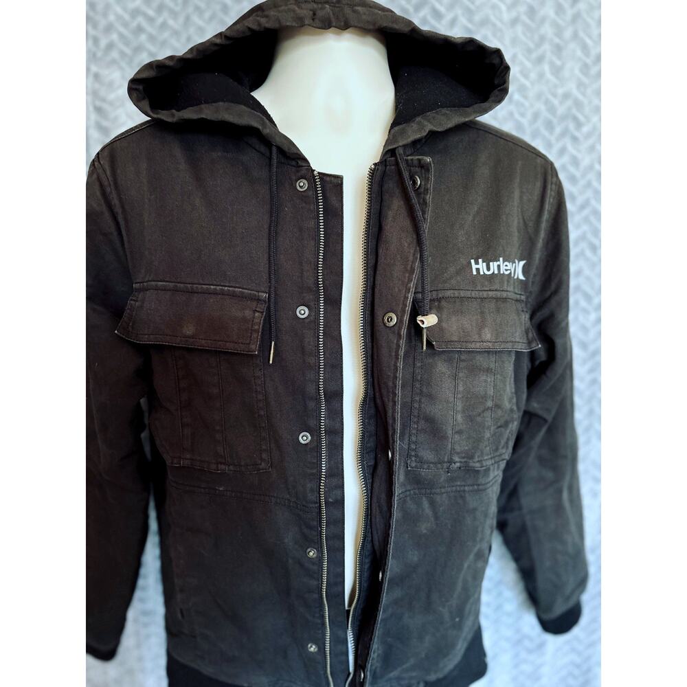 Hurley Mens Fleece Lined Hooded  Black Canvas Denim Jacket- Small Outdoor Chore - Picture 2 of 5